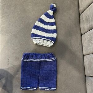 Blue and White Striped Knit Baby Hat and Shorts Set